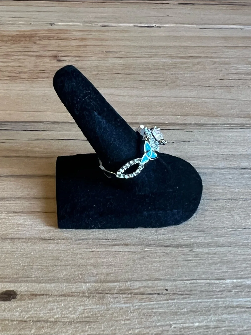 Silver-tone Green Enamel Floral Halo Ring With Clear Center Stone Size 7