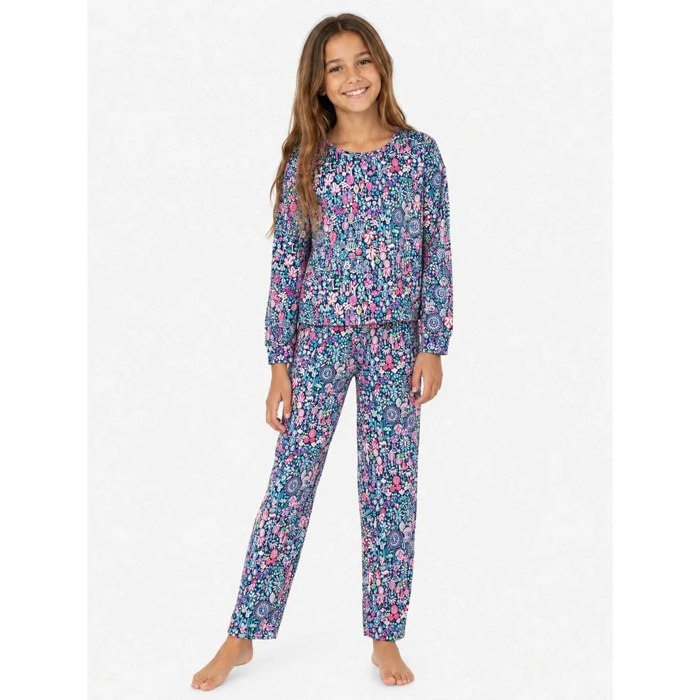 Lilly Pulitzer Kids 2 Piece Set Pants Top Floral Flamingo Pink Blue XL 12-14