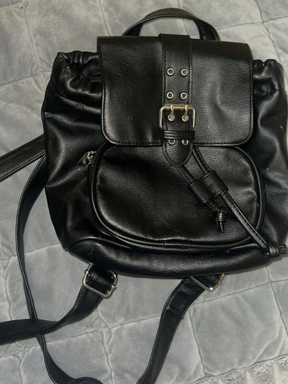 A New Day Genuine Leather Small Buckle Black Backpack Bag - New