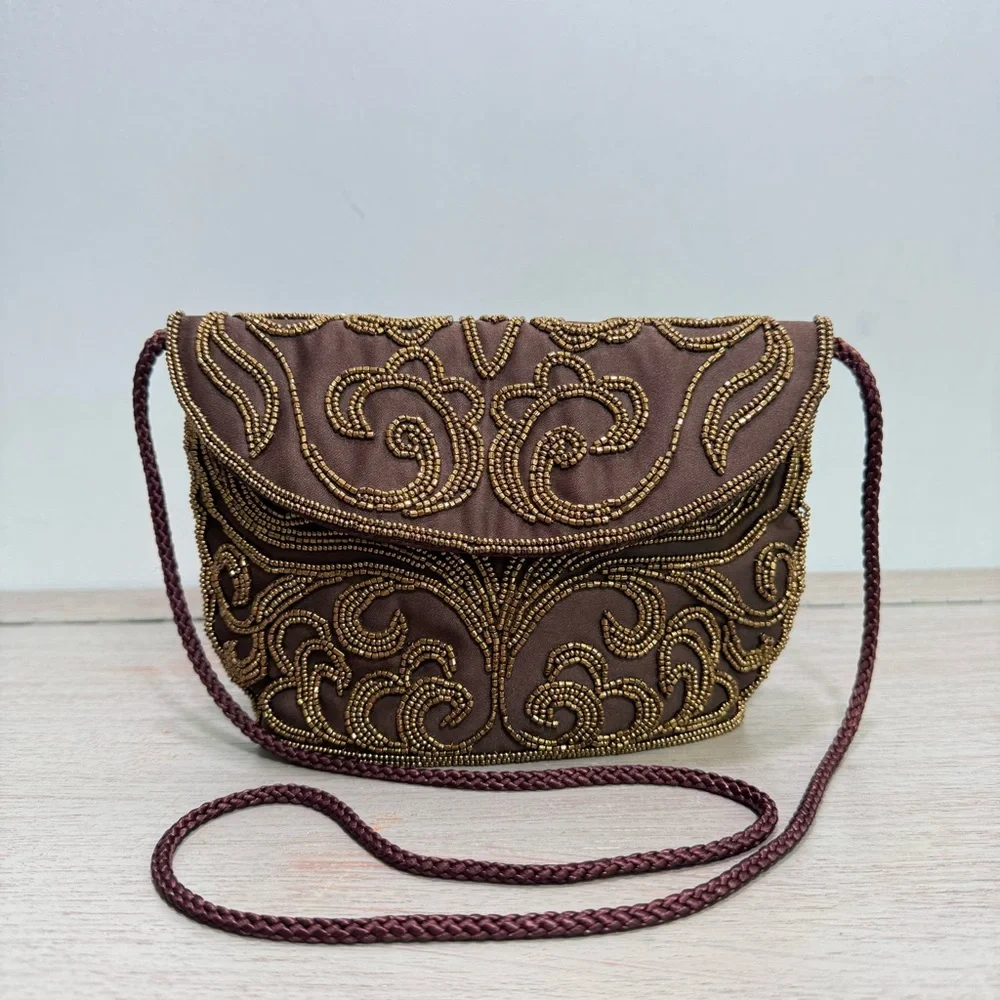 Vintage Walbaeg Beaded Brown Satin Evening Bag Dressy Formal Purse Crossbody‎