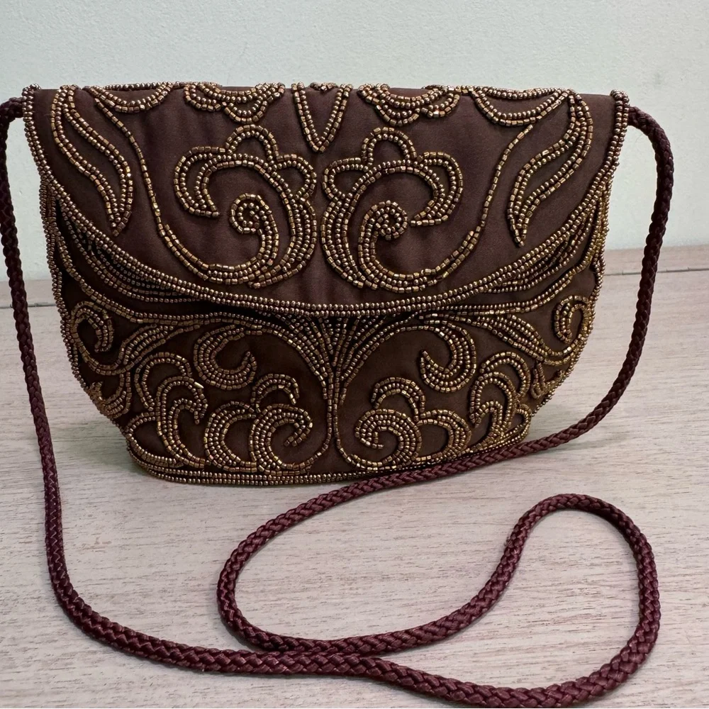 Vintage Walbaeg Beaded Brown Satin Evening Bag Dressy Formal Purse Crossbody‎