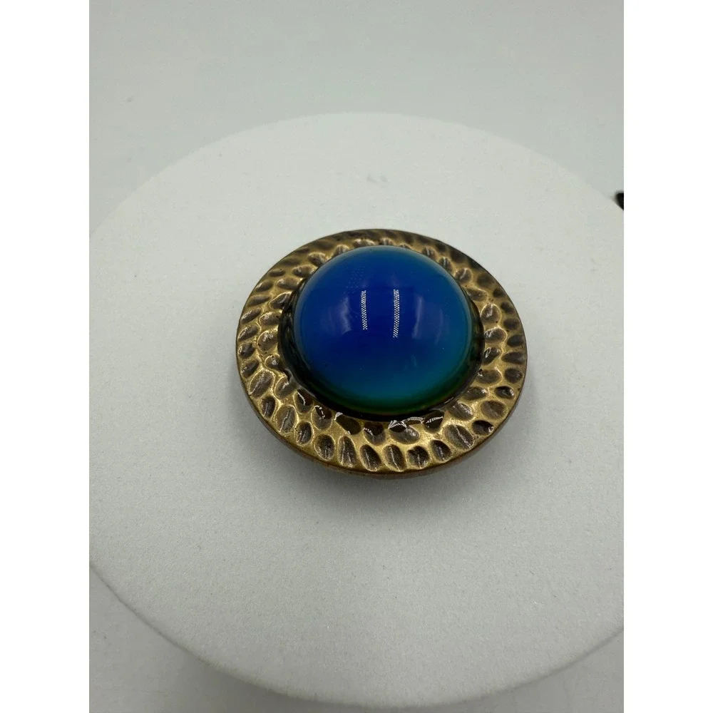 Vintage Style Mood Ring‎ L Blue Green Color Change Hammered Brass Stretch Band