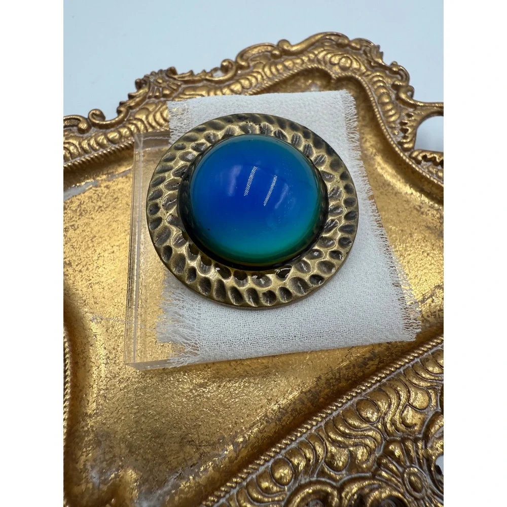 Vintage Style Mood Ring‎ L Blue Green Color Change Hammered Brass Stretch Band
