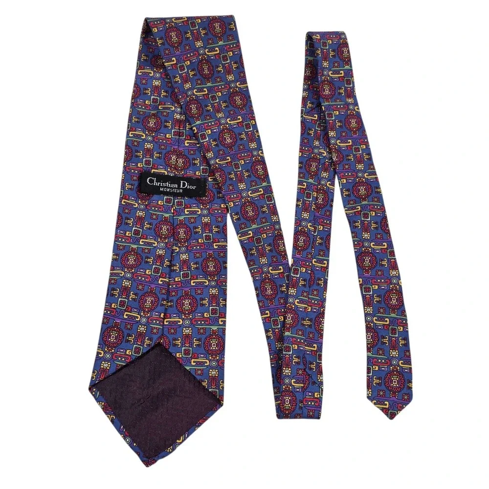 Christian Dior Mens Silk Jacquard Pattern Tie‎ Purple Green Geometric Designer