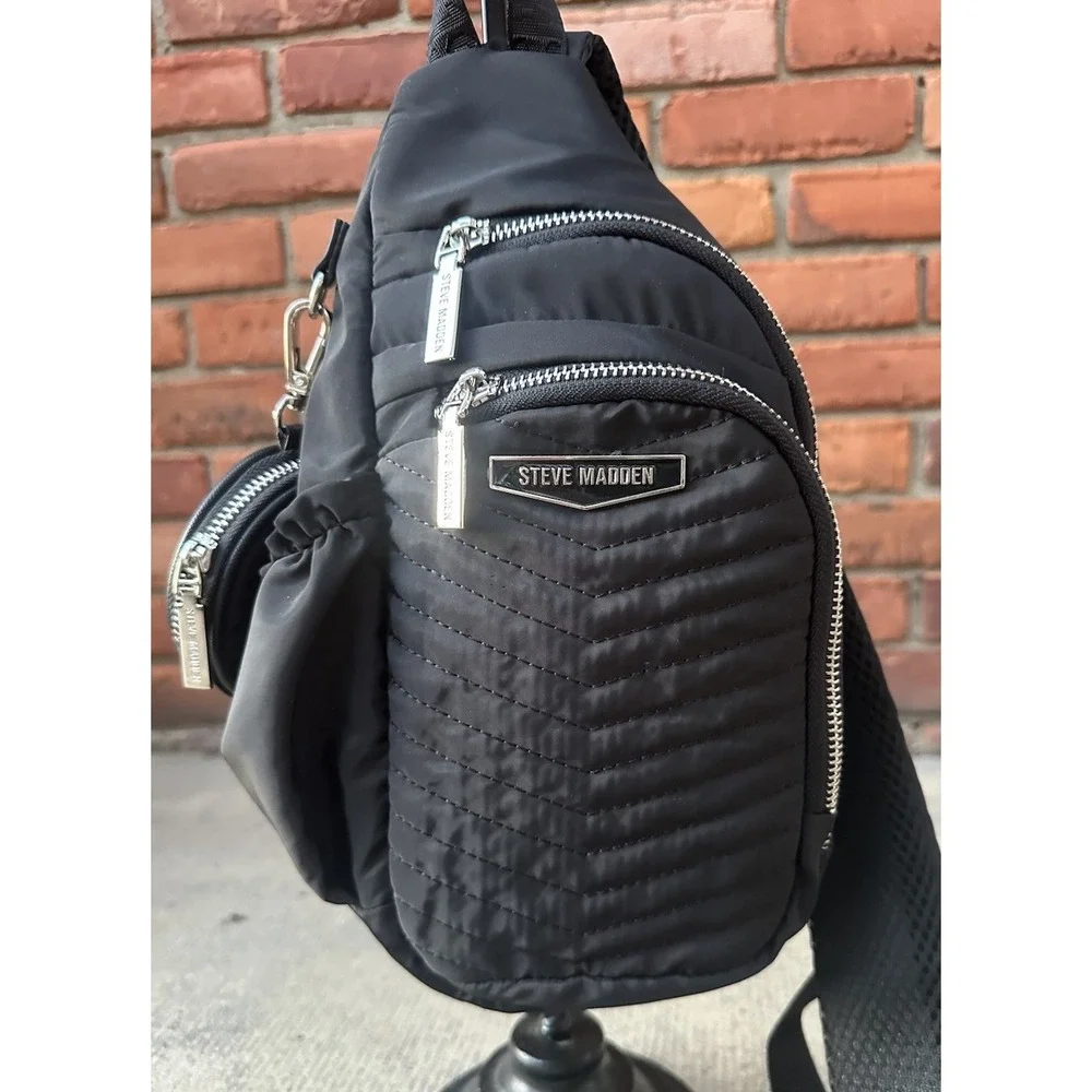Steve Madden Aurora Quilted Sling Backpack w/ Coin Purse Black