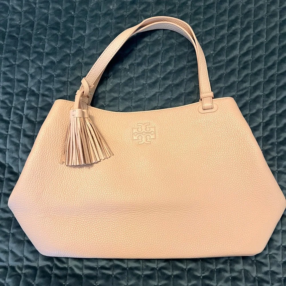 Tory Burch Pale Pink Pebbled Leather Shoulder Tote with Tassel