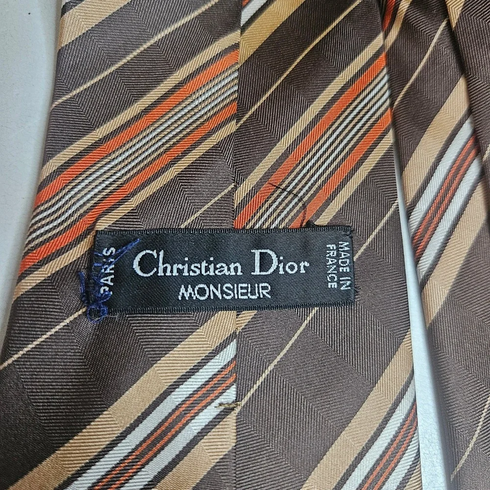 Vintage Christian Dior Monsieur Silk Tie Brown Orange Striped Made in France