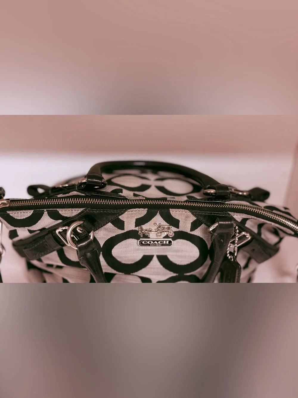 Coach Op Art Signature Jacquard Satchel Crossbody Black Ivory Style 17000 EUC
