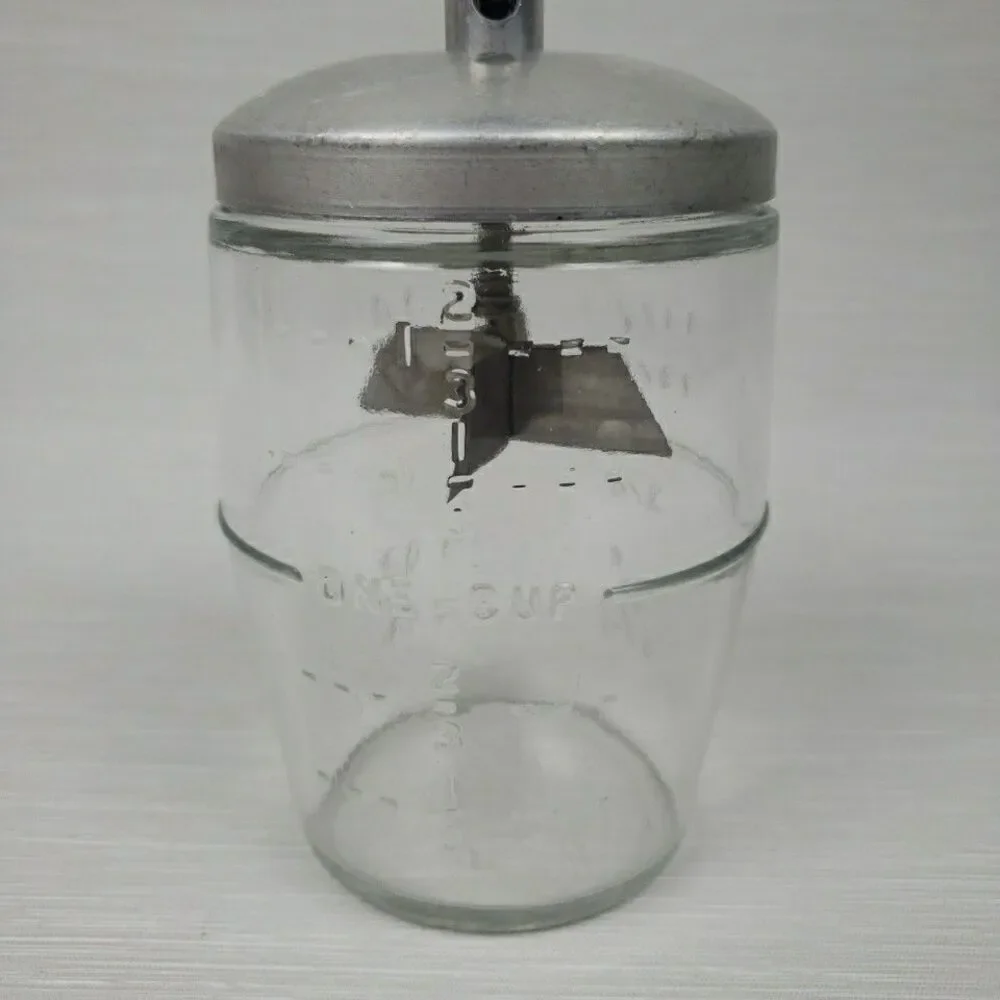 Vintage 14 oz Nut Chopper Red Wood Knob Glass Jar MCM Kitchen Gadget