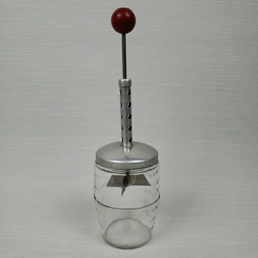 Vintage 14 oz Nut Chopper Red Wood Knob Glass Jar MCM Kitchen Gadget