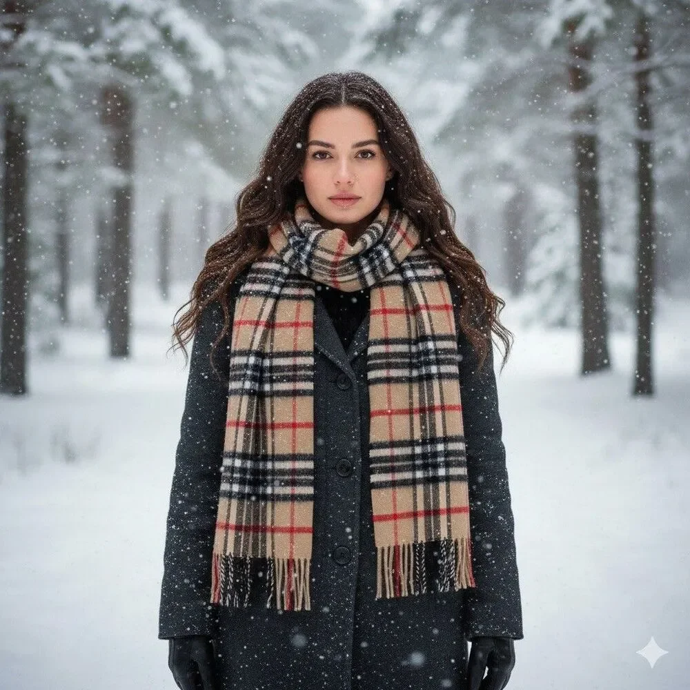 Lochmere Scotland Nova Check Cashmere Blend Natural Check Scarf Preppy Academic
