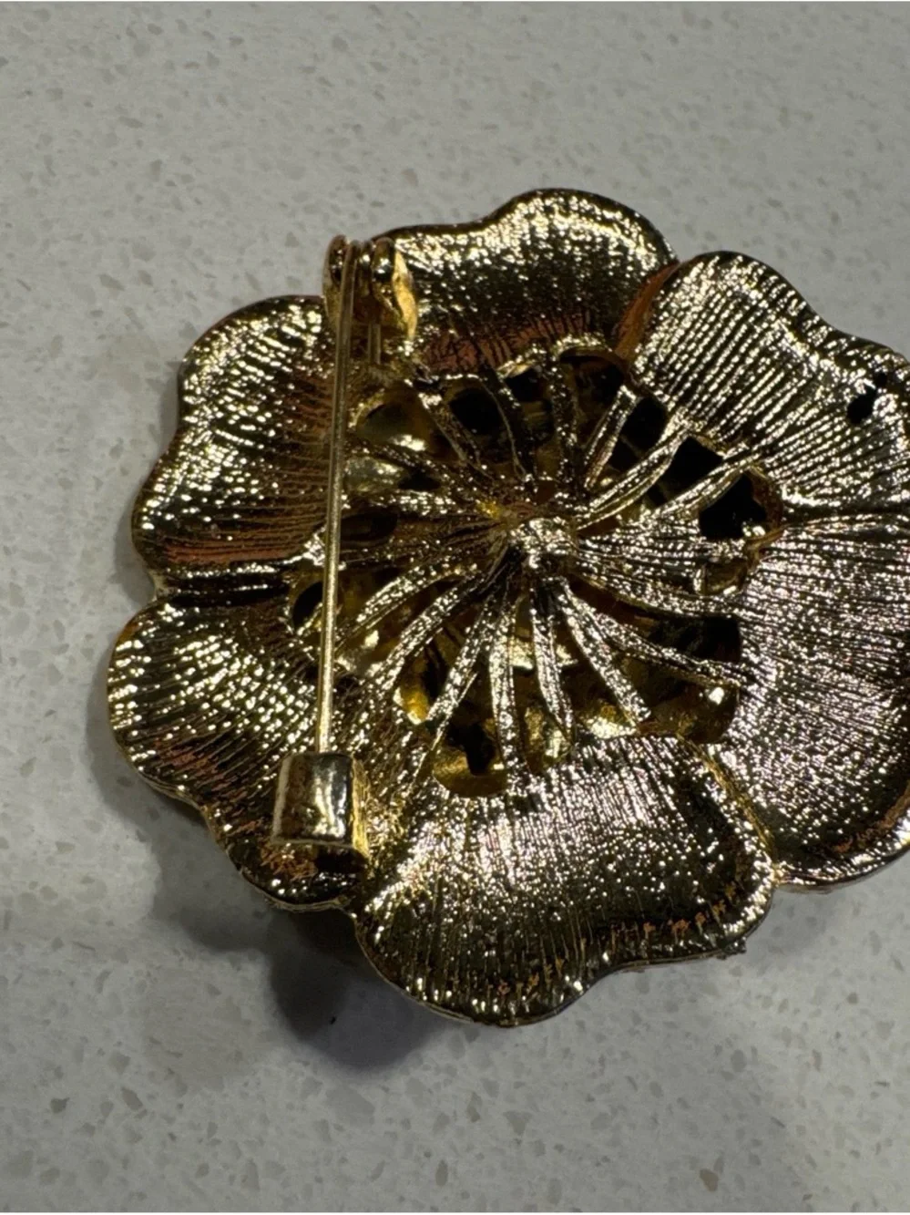 Women's Black Enamel Flower Brooch with Faux Pearls - Elegant Gold Trim