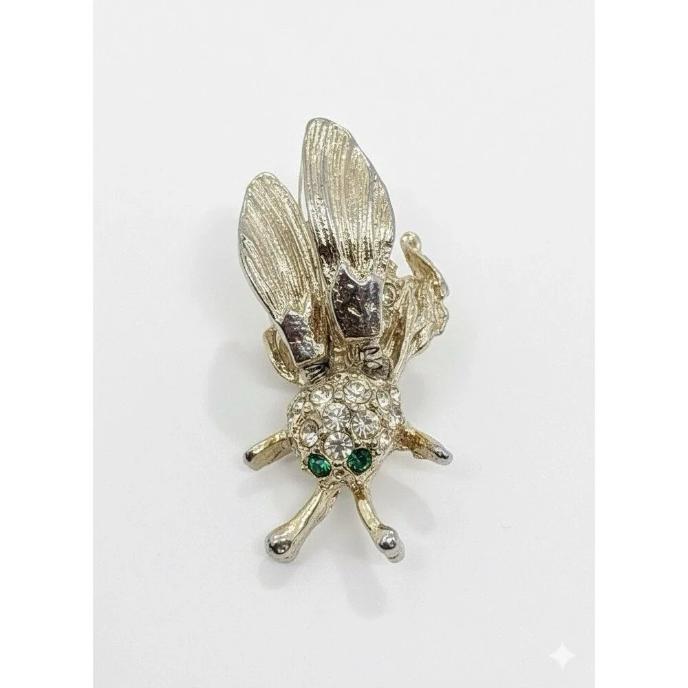 Vintage Style Rhinestone Fly Insect Brooch Pin Green Eyes Pave Articulated Wings