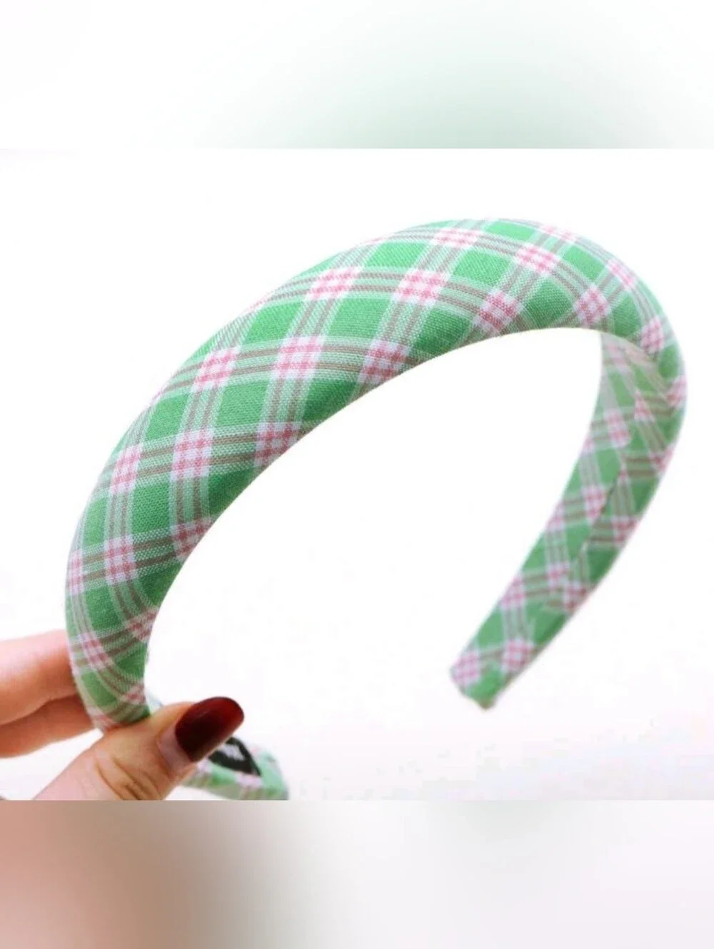Green Pink Plaid Padded Headband