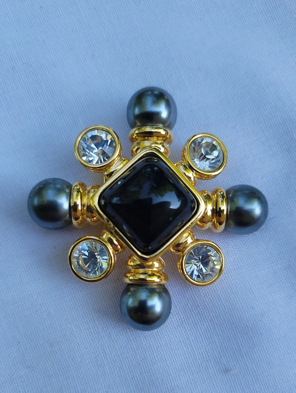 Vintage Joan Rivers Gold-Tone Brooch with Black Center, Gray  Clear Crystals