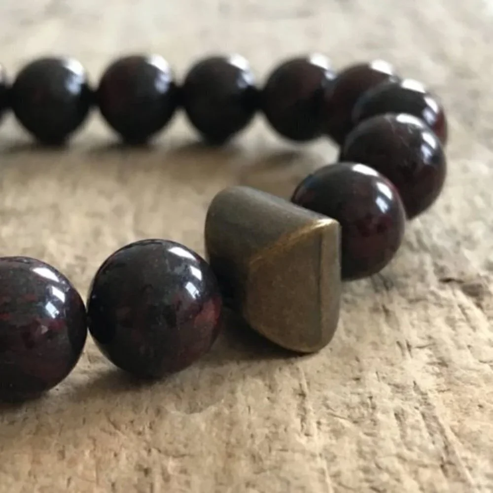 Men's Burgundy Jasper Gemstone Bracelet Brass Accent Bead - 10mm Beads