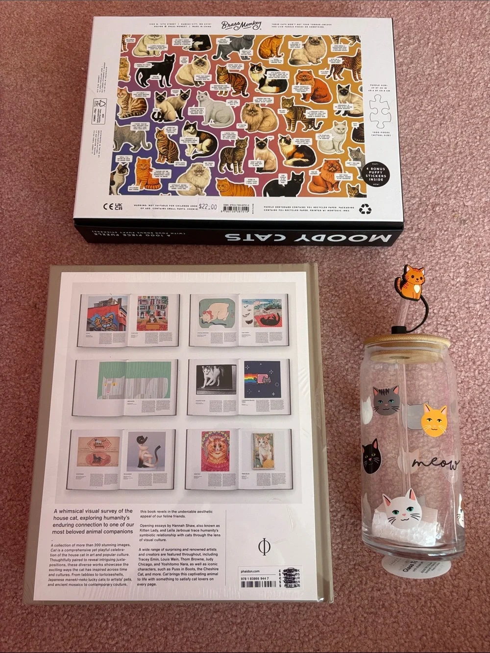 Cat Lover Gift- 1000 Piece Moody Cats Puzzle, Phaidon Cat Book, Glass Tumbler