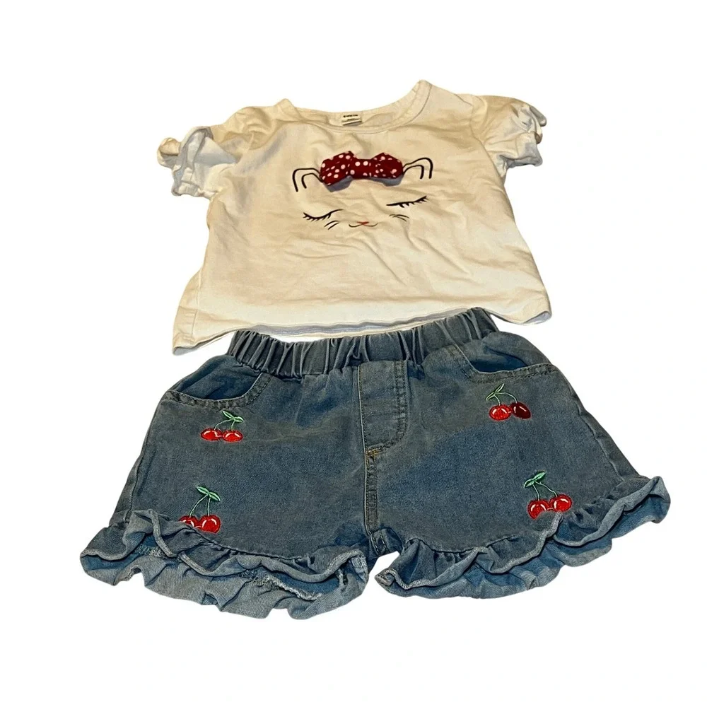 SHEIN Kids Girls Size 6 2-Piece Set  Cat Tee and Cherry Denim Ruffle Shorts