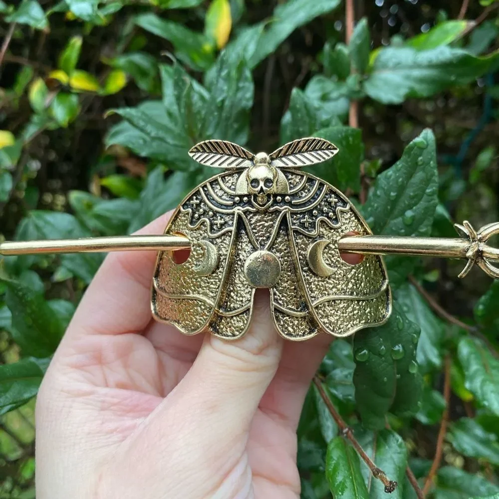 Gothic Death Moth Hair Accessory Antique Gold Tone Engraved Details