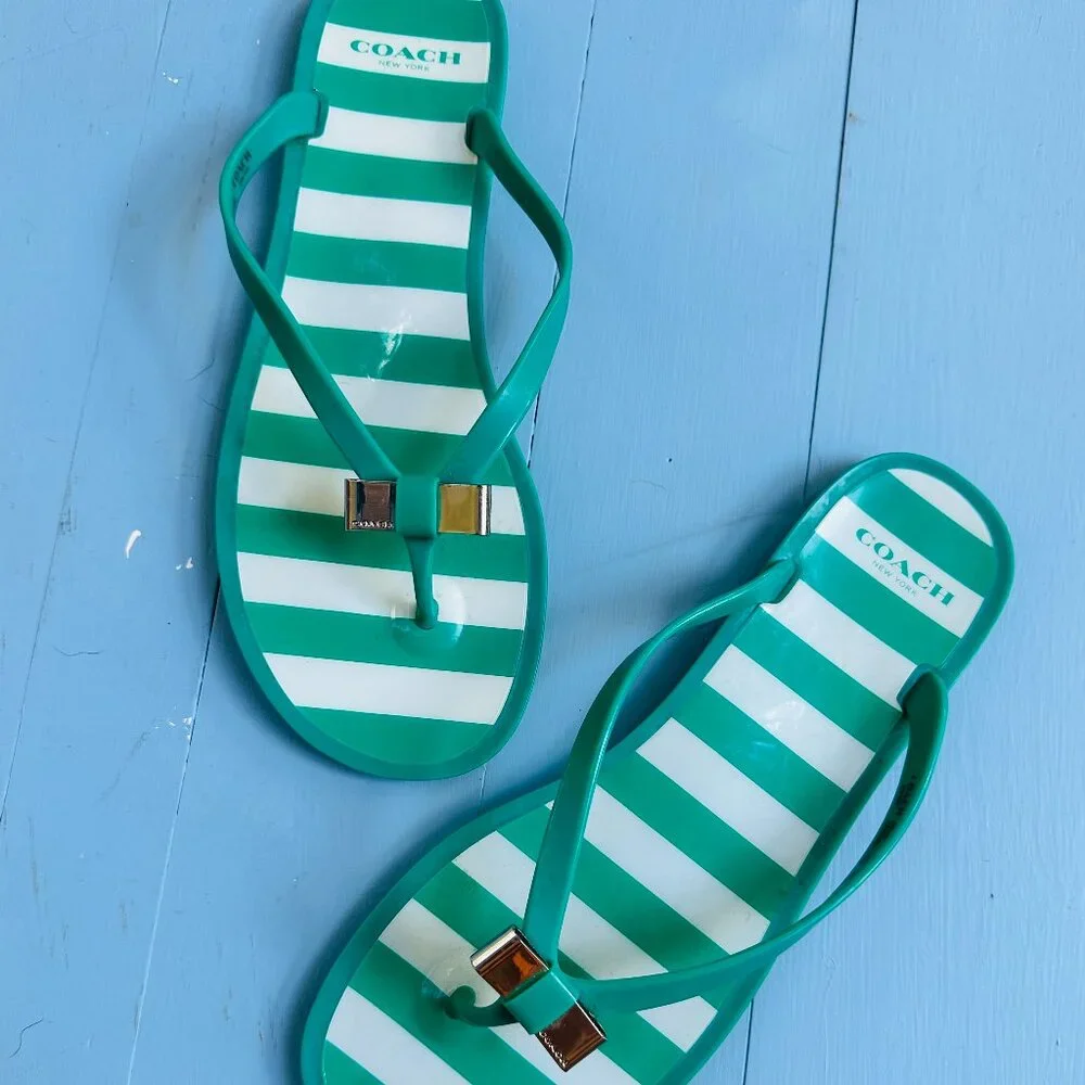Coach Landon Green White Stripe Jelly Flip Flops Metal Bow Womens 10