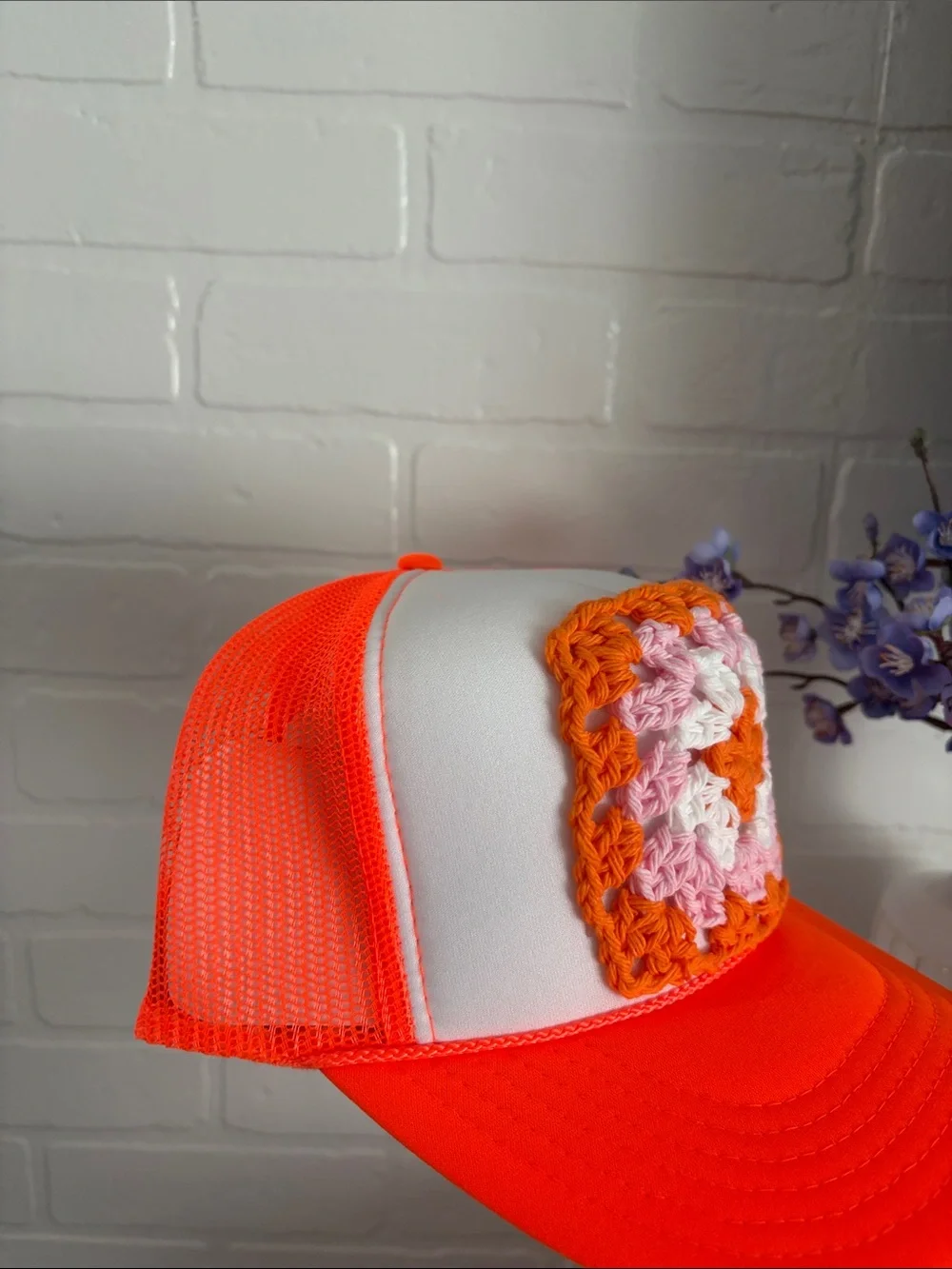 Handmade Crochet Patch Neon Orange Trucker Hat - Women's Accessory