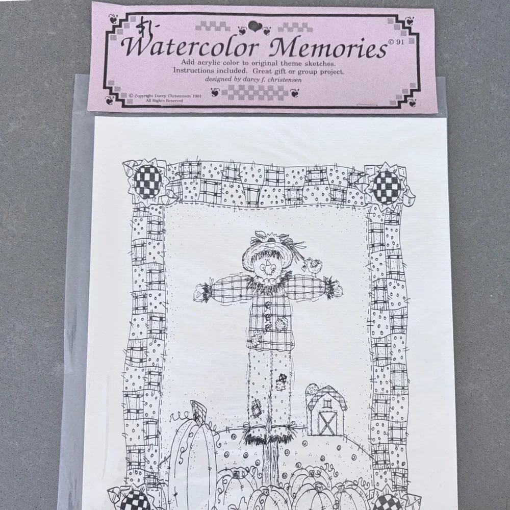 Vintage 1991 Watercolor Memories Scarecrow Theme Sketch Darcy F Christensen NEW