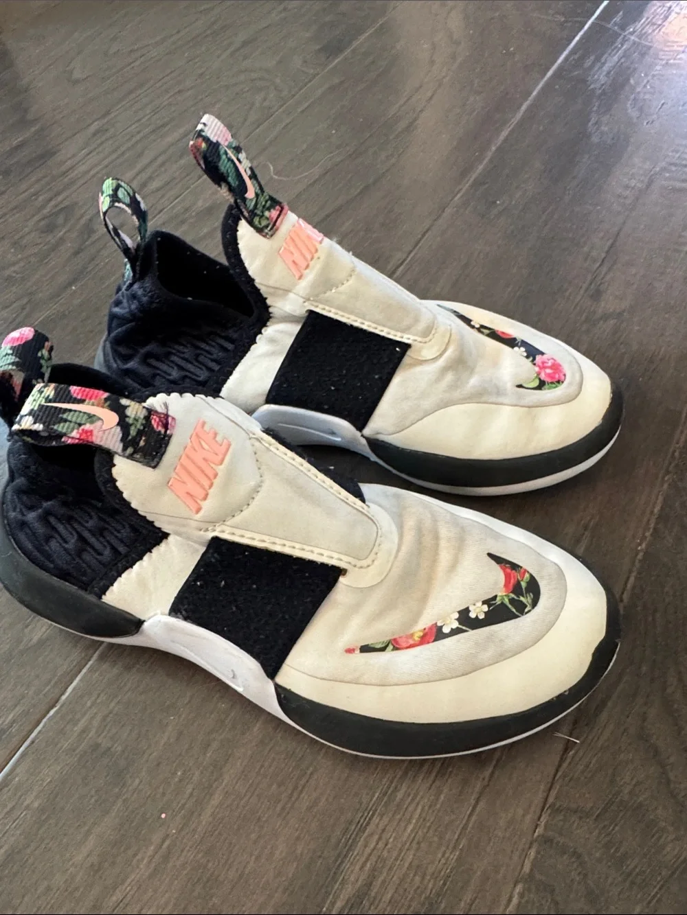 Nike Kids Slip-On Sneakers with Floral Swoosh - White, Black & Pink
