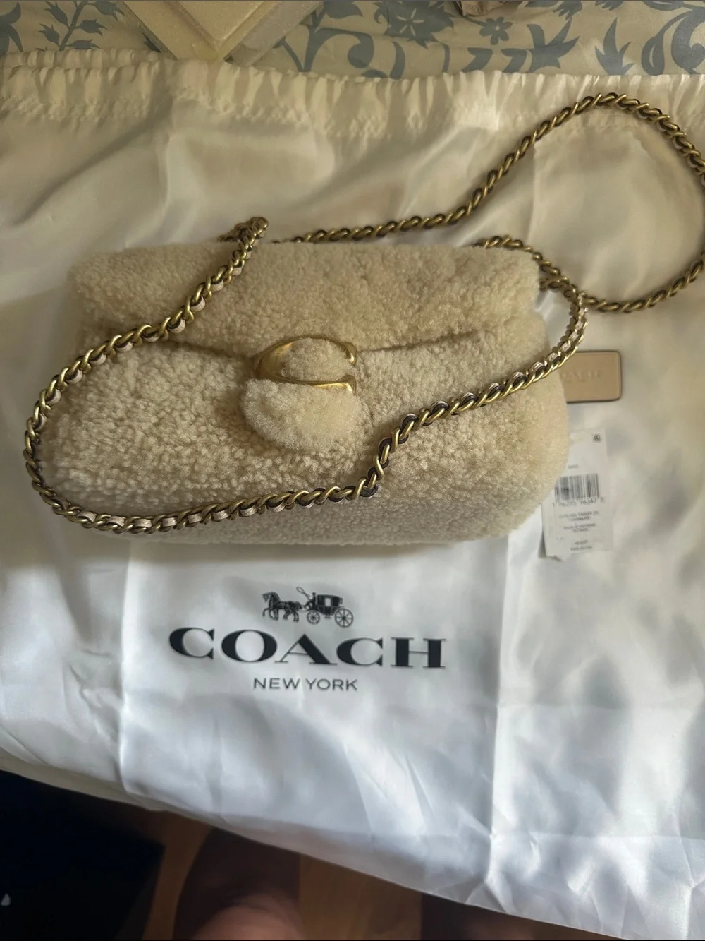 Coach Shearling Tabby 20 Convertible Crossbody Bag in Cream with Gold Chain