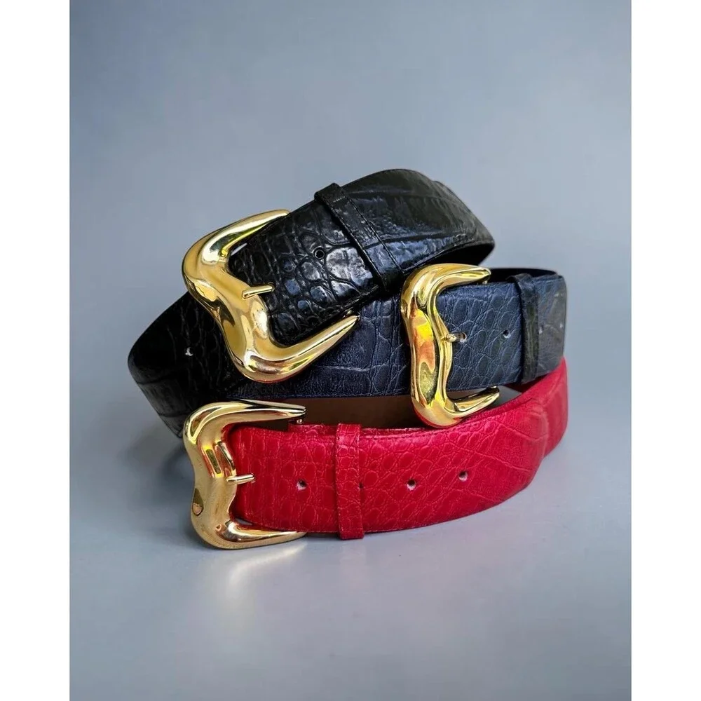 Vintage Milor Red Embossed Leather Belt, Big Gold Buckle, Size Small 32