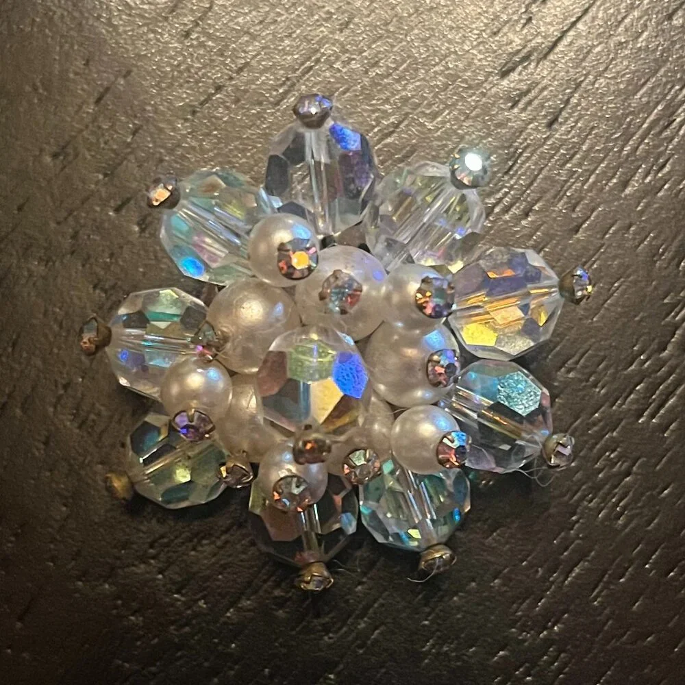 Vintage AB Beaded Cluster Brooch with Faux Pearl West Germany