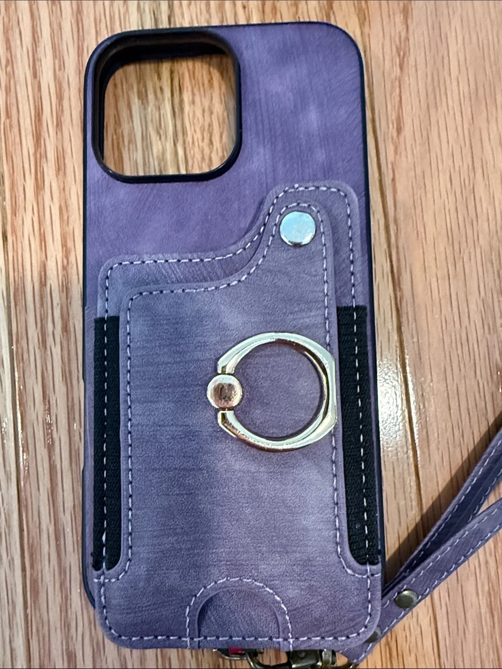 Iphone 16 pro max Purple Wristlet Phone Case with Gold Ring Grip and Card Pocket