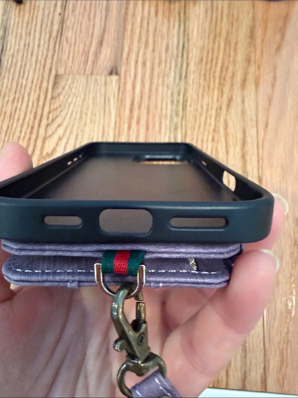 Iphone 16 pro max Purple Wristlet Phone Case with Gold Ring Grip and Card Pocket