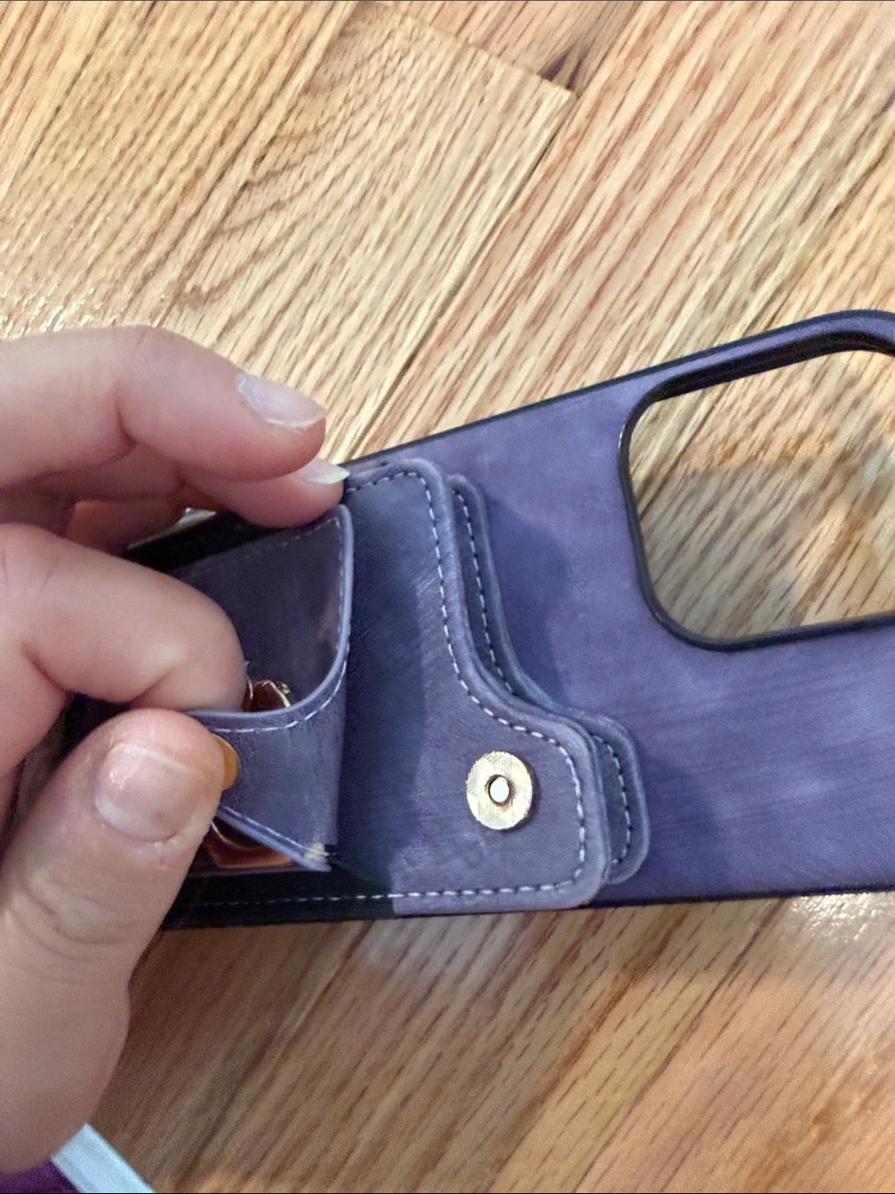 Iphone 16 pro max Purple Wristlet Phone Case with Gold Ring Grip and Card Pocket