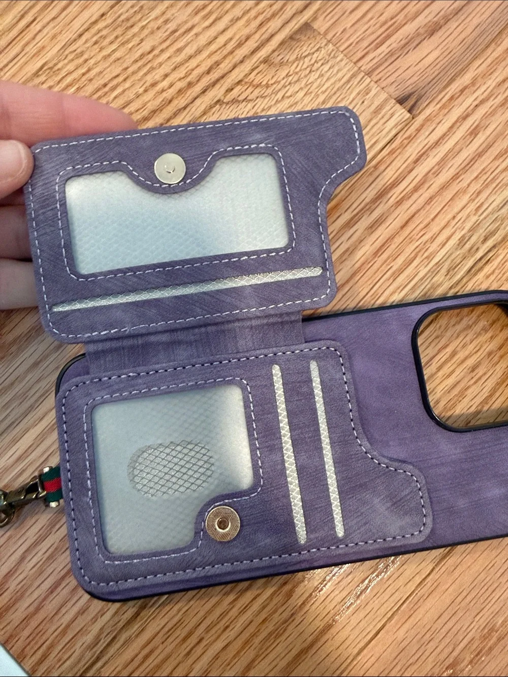 Iphone 16 pro max Purple Wristlet Phone Case with Gold Ring Grip and Card Pocket