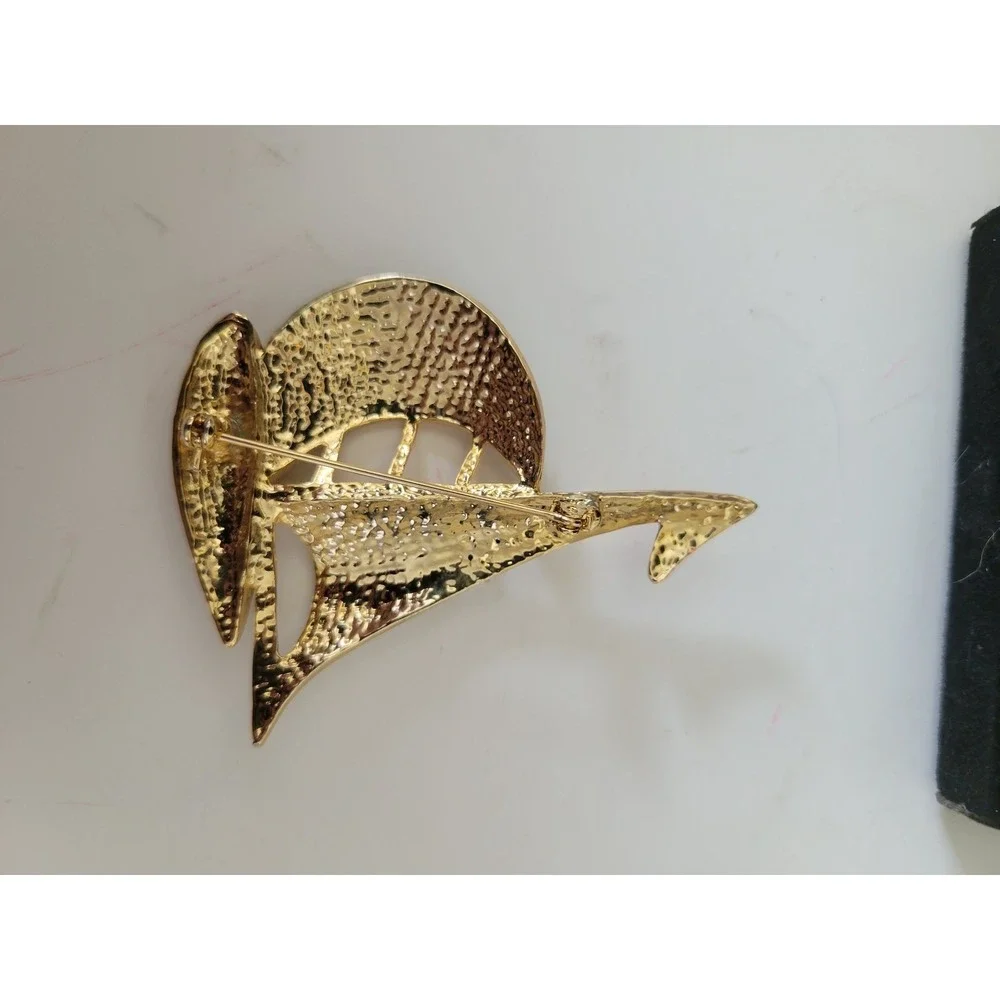 Vintage Style Sailboat Brooch Pin Gold Tone Clear Rhinestones Blue Green Enamel