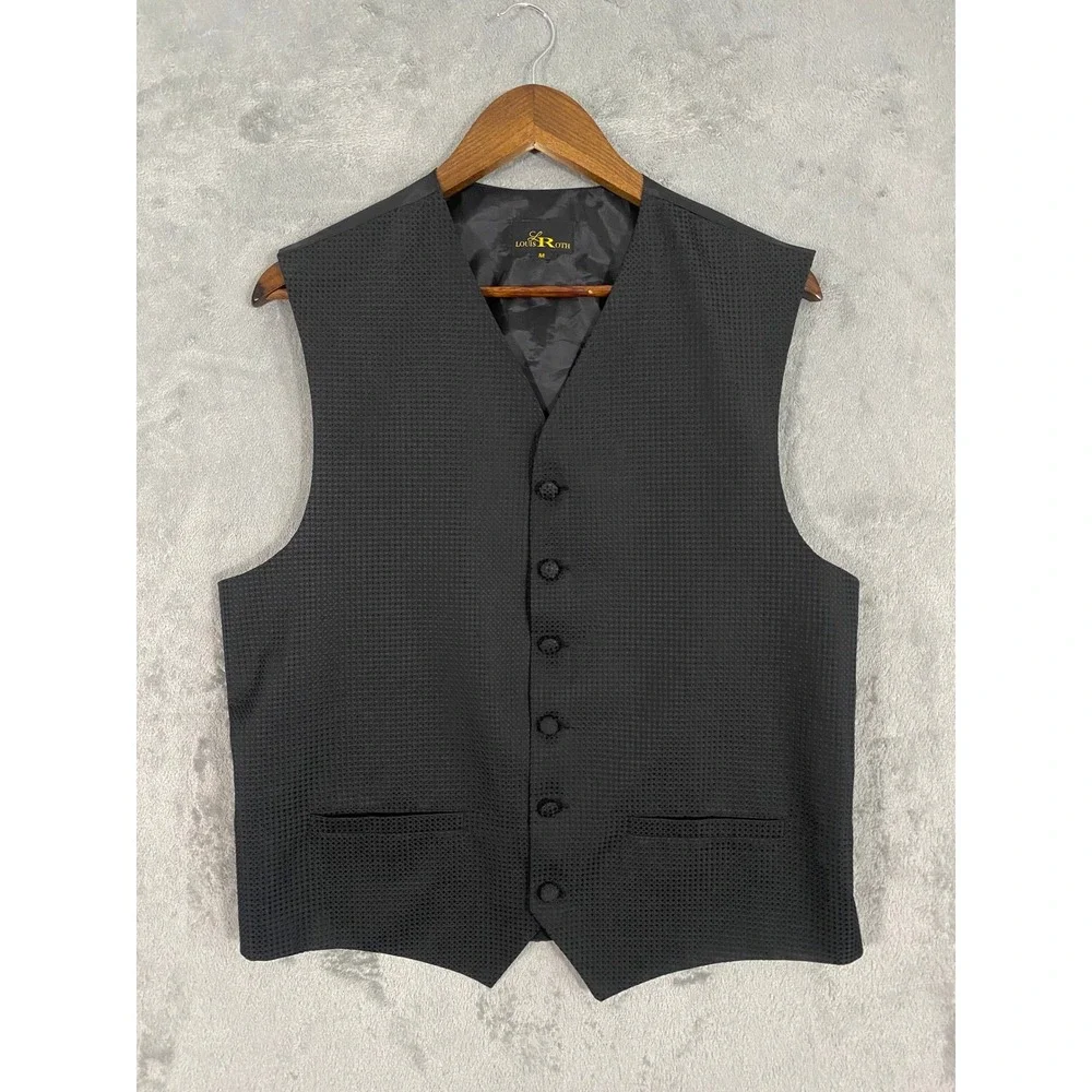 Louis Roth Vest Mens M Black Textured Diamond Formal 6-Button Waistcoat USA Made