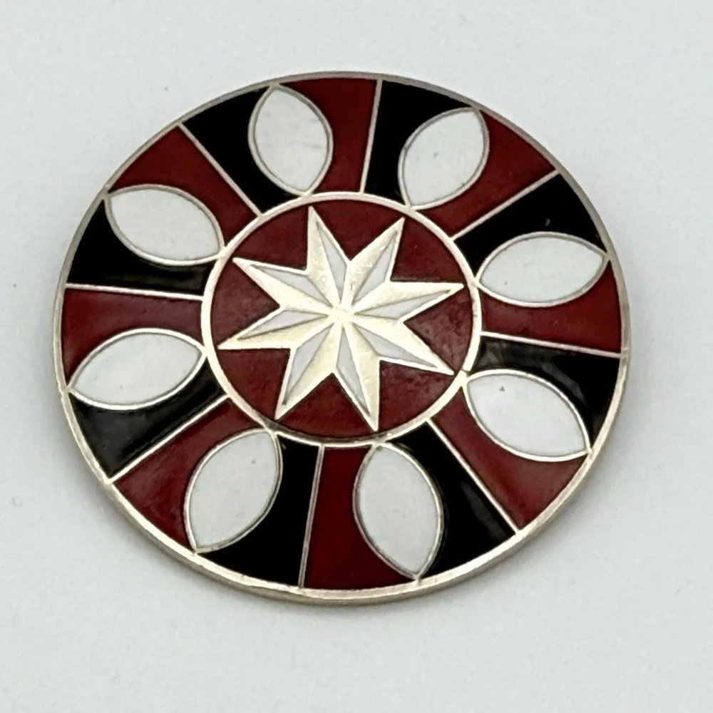 Vintage Enamel Geometric Starburst Brooch Red Black White Round 1.75