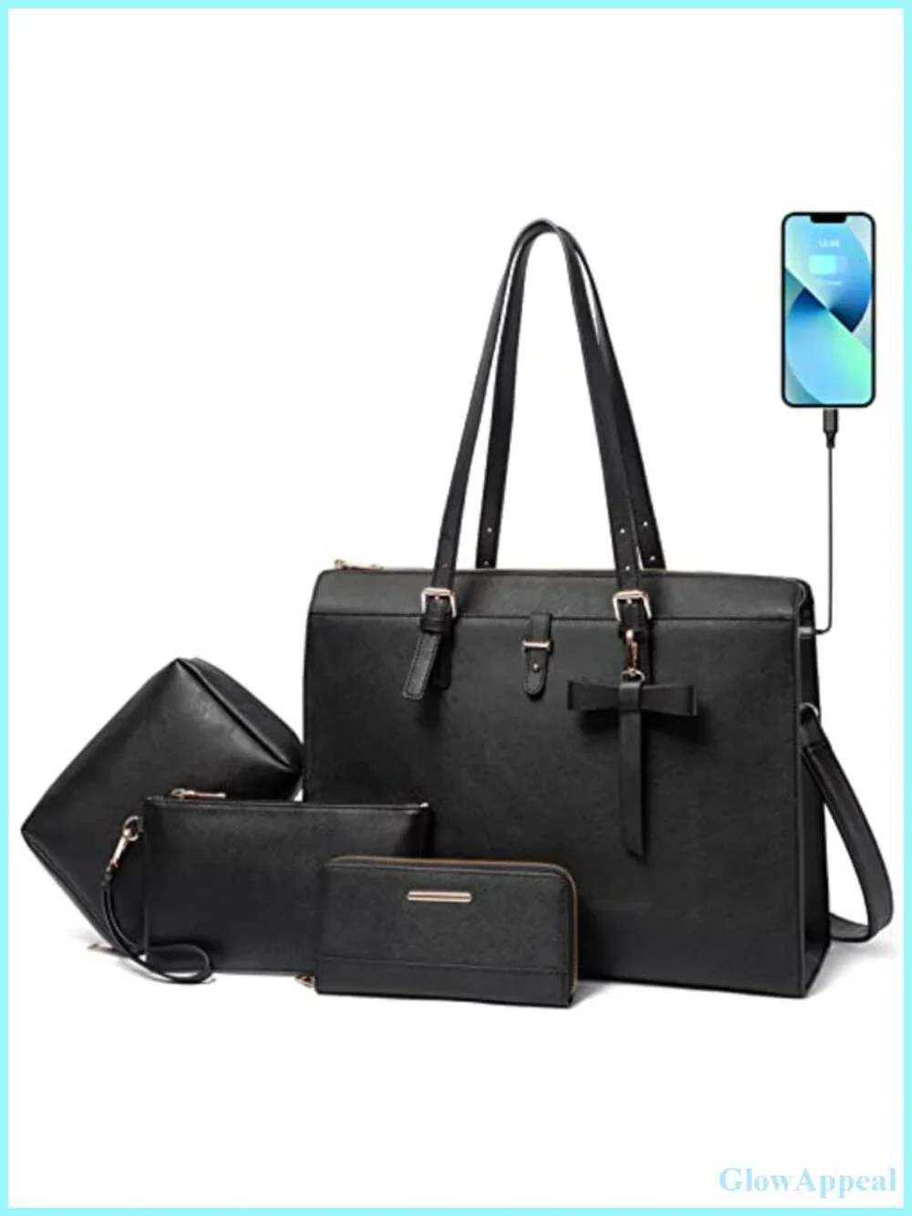 Large Leather Laptop Briefcase with USB Charging Port Tote Bag