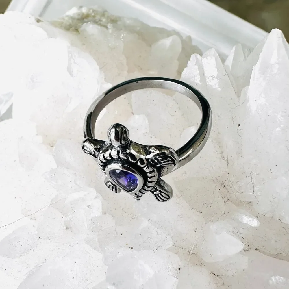 Stainless Steel Turtle Ring With Amethyst CZ