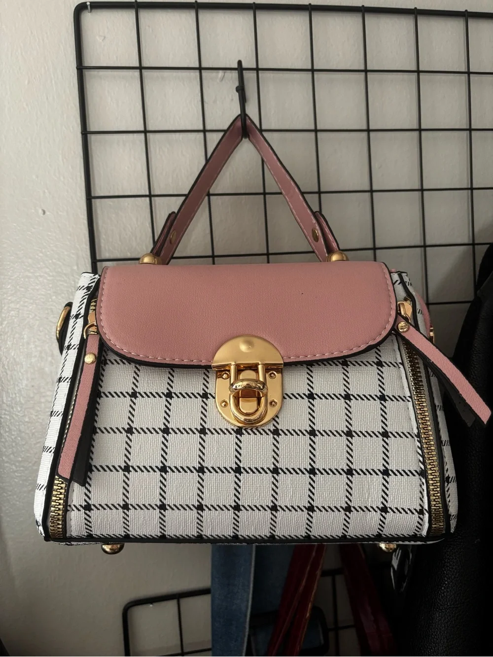 Pink Top-Handle Plaid Satchel Bag