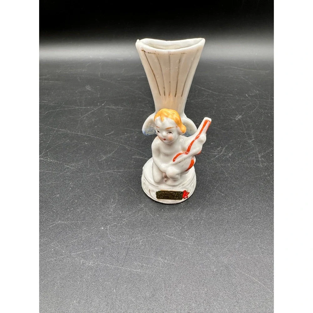 Vintage Cherub Angel Violin Porcelain Bud‎ Vase Souvenir Kennett MO Japan 3.75