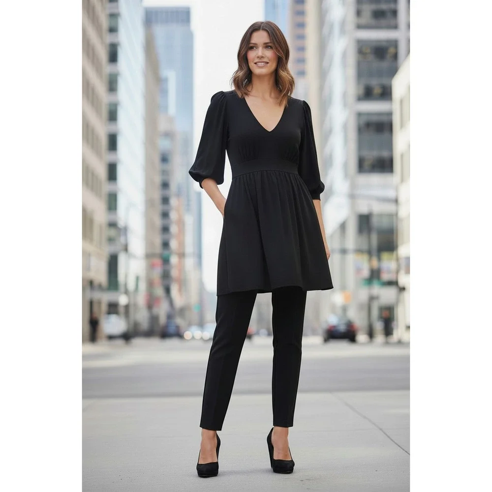 Banana Republic Stretch Tunic Long Top Sz‎ M BLACK Puff Sleeve V-Neck Barbiecore