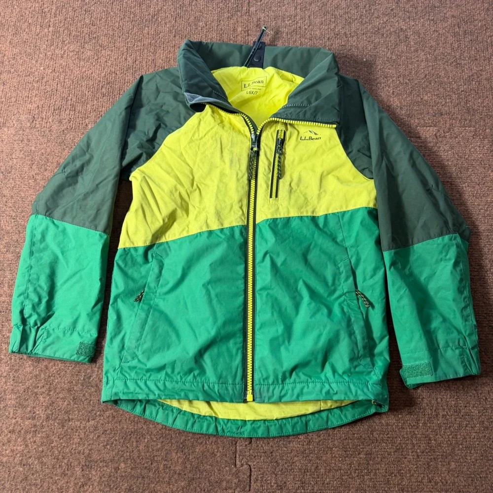 B+ LL Bean Kids Green Yellow Colorblock Rain Jacket Shell Size 6X/7 518230