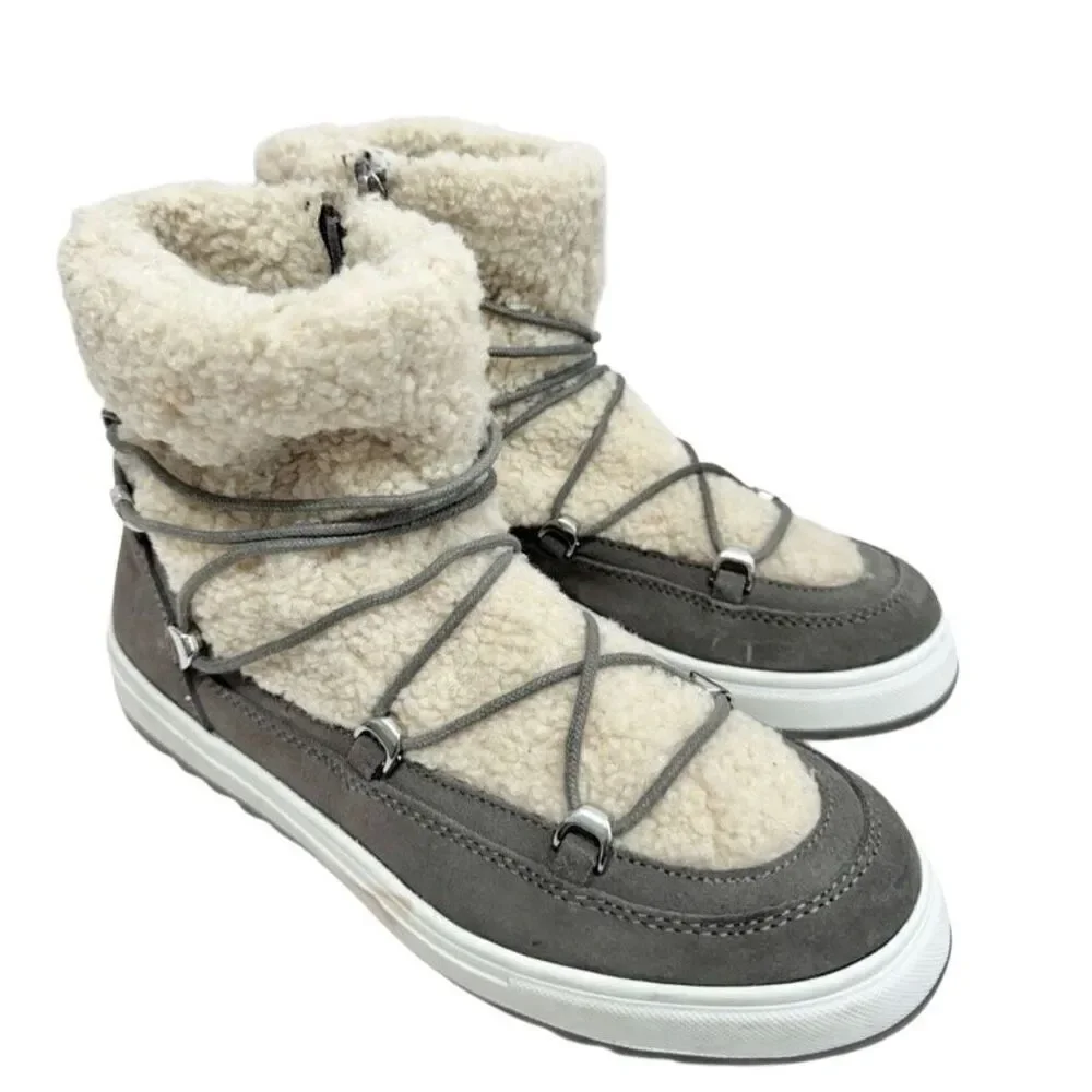 Blondo Boots Size 9.5 Waterproof‎ Gray Cream Suede Shearling Upper Lace Up