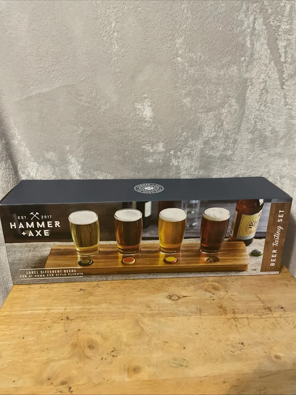 New Hammer + Axe Brown Wood Beer Tasting Flight Set - 4 Glasses