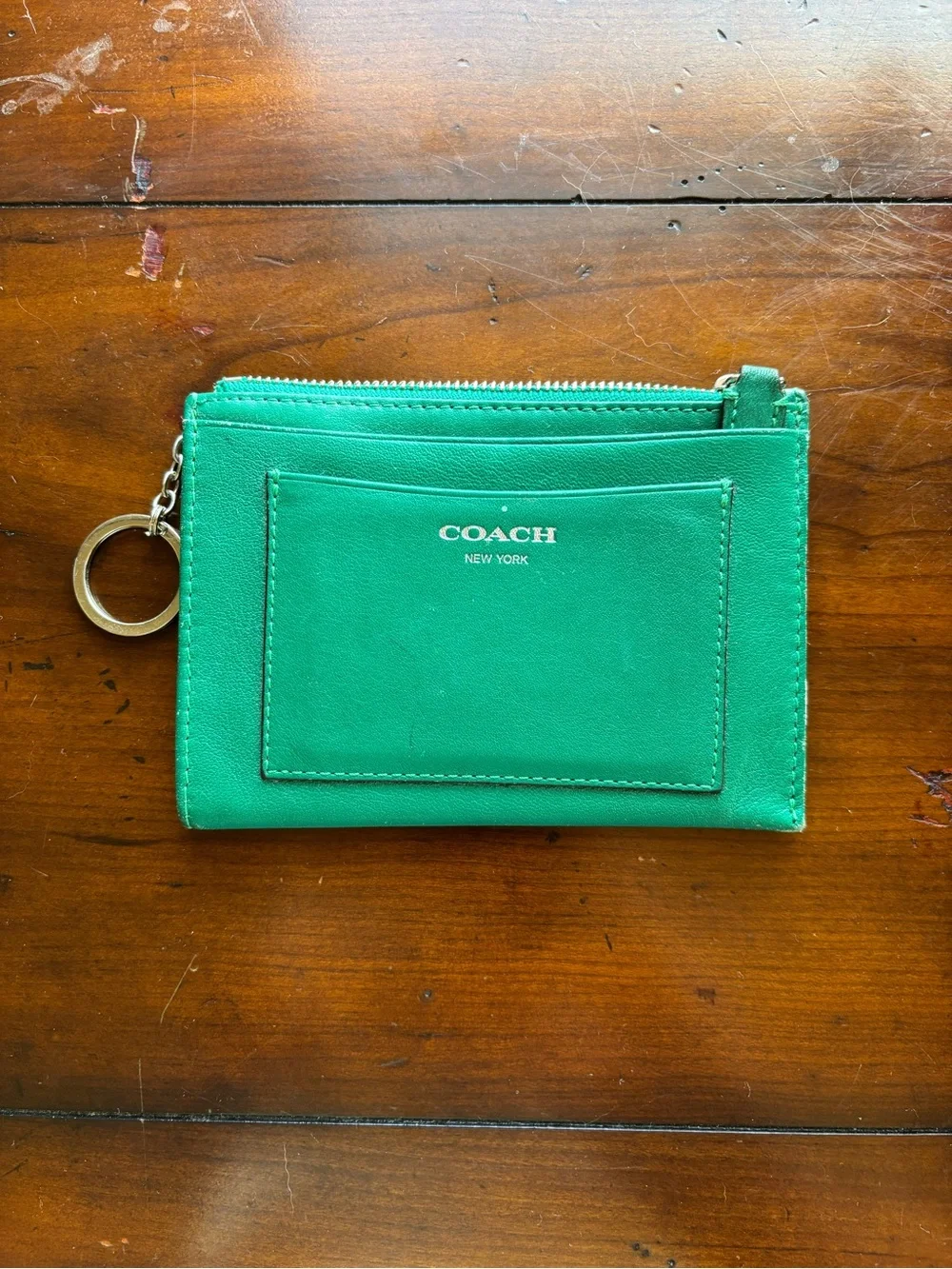 Coach Emerald Green Leather Zip Card Pouch with Keyring