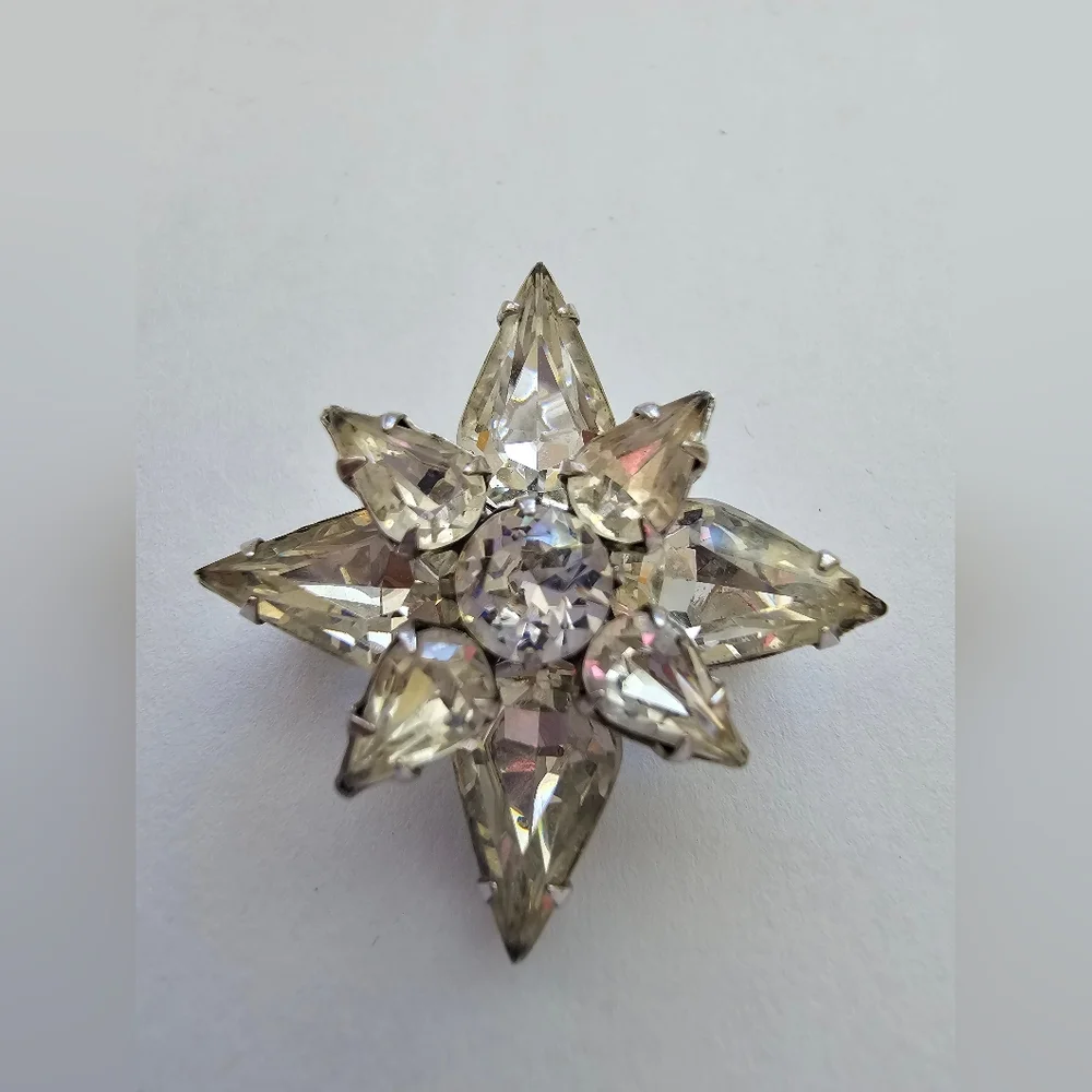 Vintage North Star Brooch Clear Pear Cut Rhinestone Maltese Cross Pin MCM