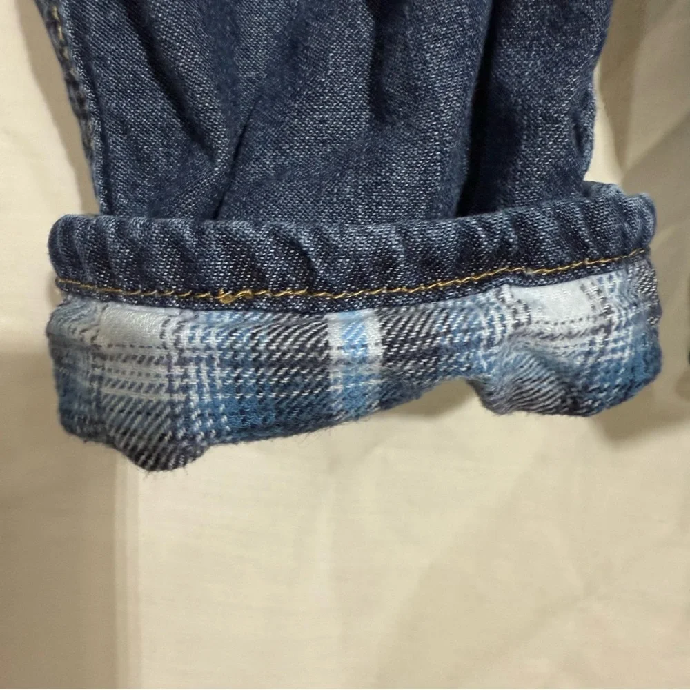 OshKosh B'gosh Blue Denim Overalls, Plaid Flannel Lined Size 9 Mo ADORABLE
