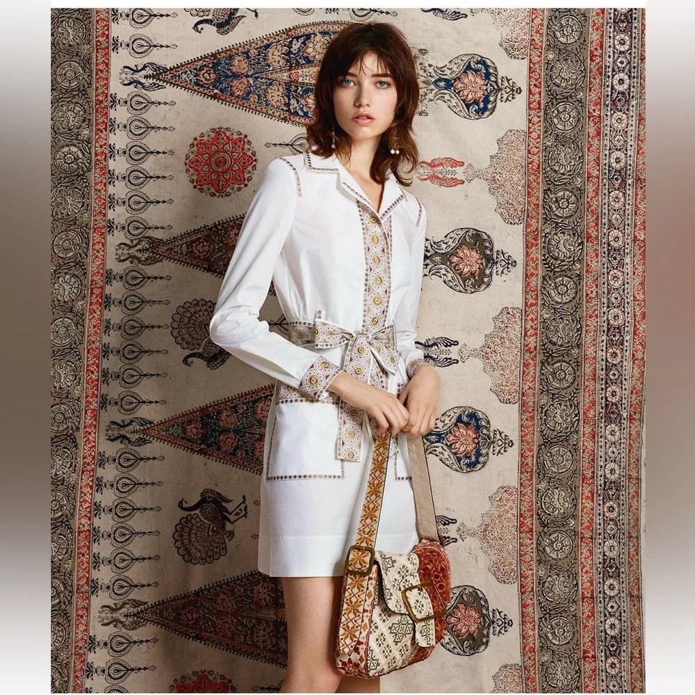 NWT $558 Tory Burch Jayne Long-sleeve Embroidered Belted Tunic Dress
