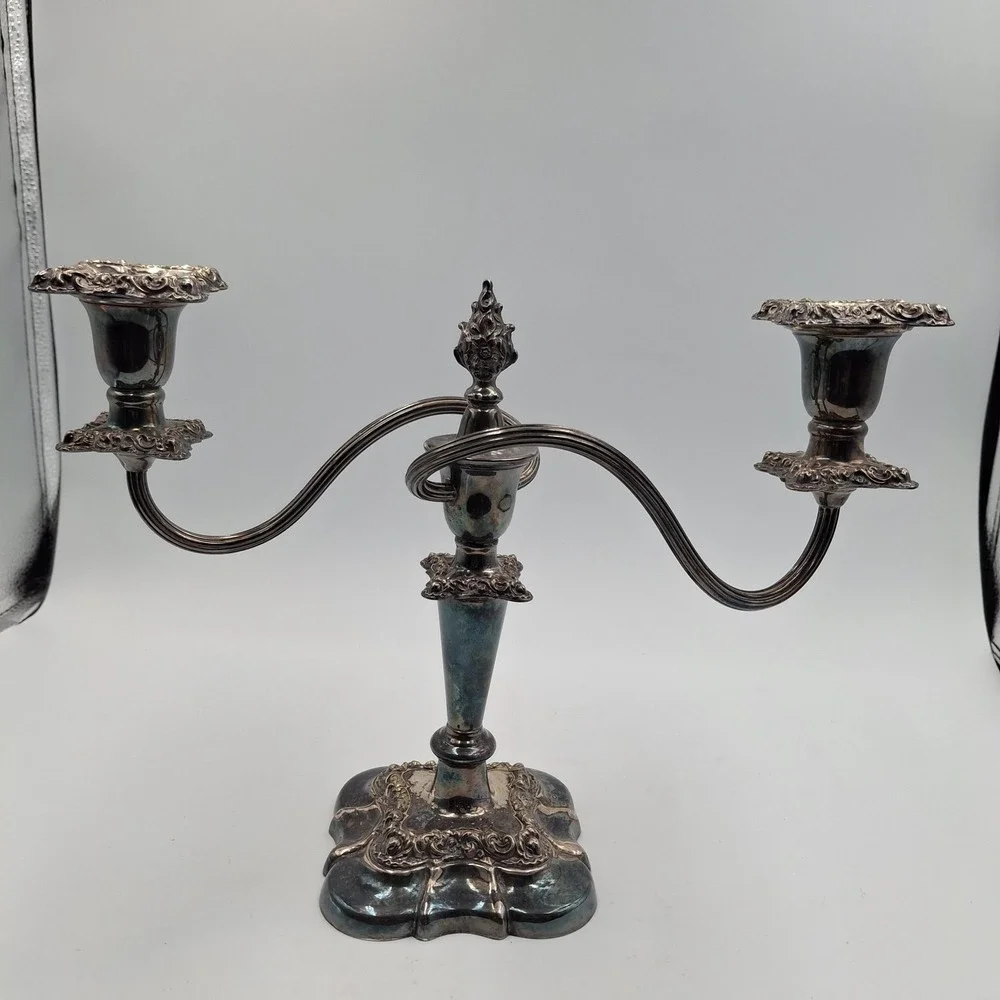 Vintage Ornate Silver Plated 2 Arm Candelabra Weighted Baroque Candle Holder 9